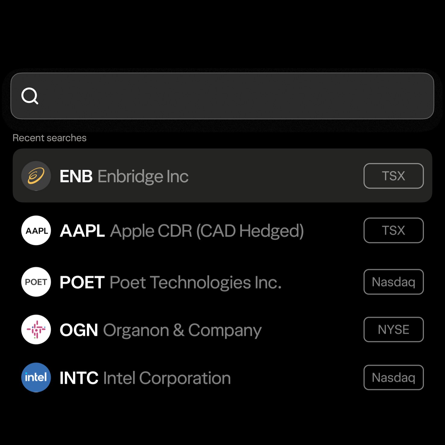 A sample list of the kind of futures markets you can trade, in the interface of the Wealthsimple app. These markets include Enbridge, Air Canada and Nokia.