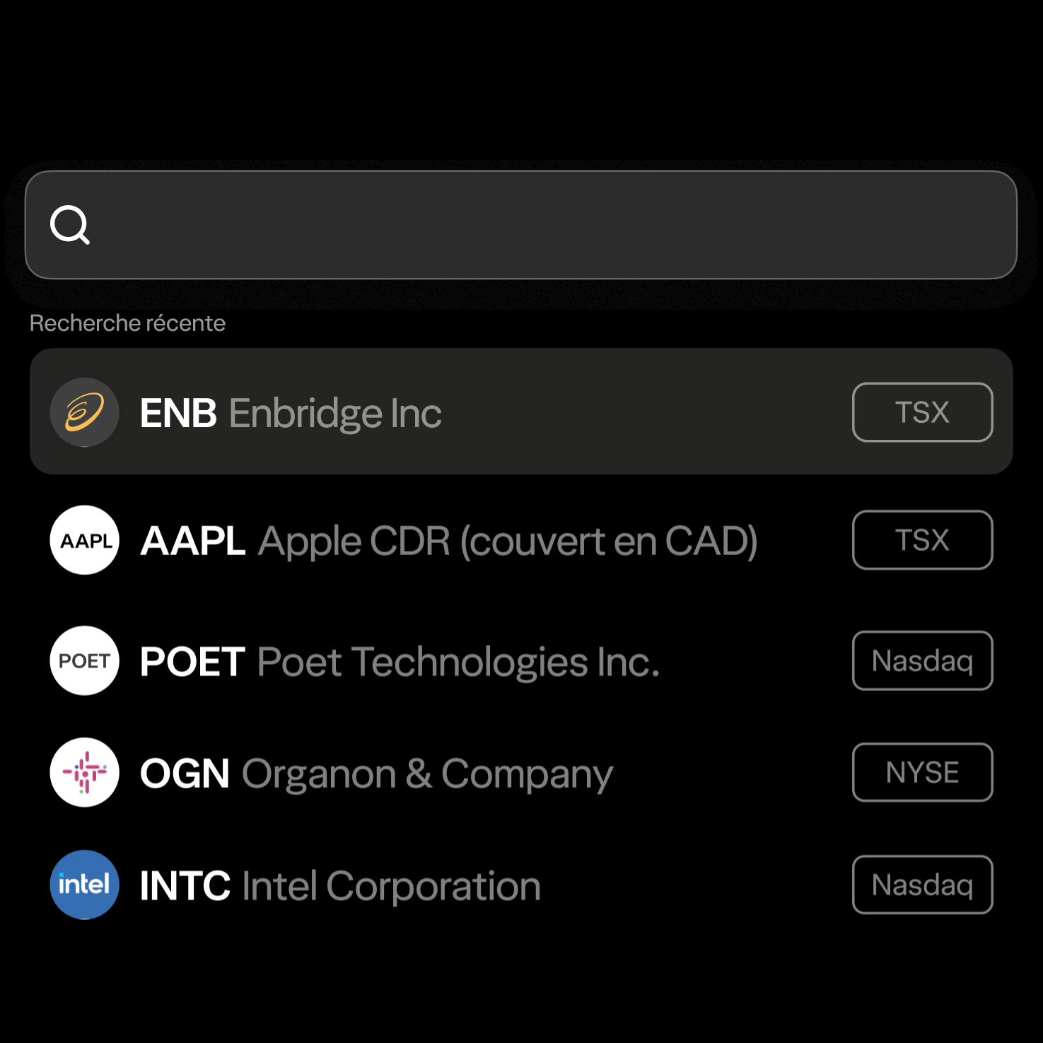 Une liste du type de marchés de contrats à terme que vous pouvez négocier dans l'interface de l'application Wealthsimple, dont Enbridge, Air Canada et Nokia.