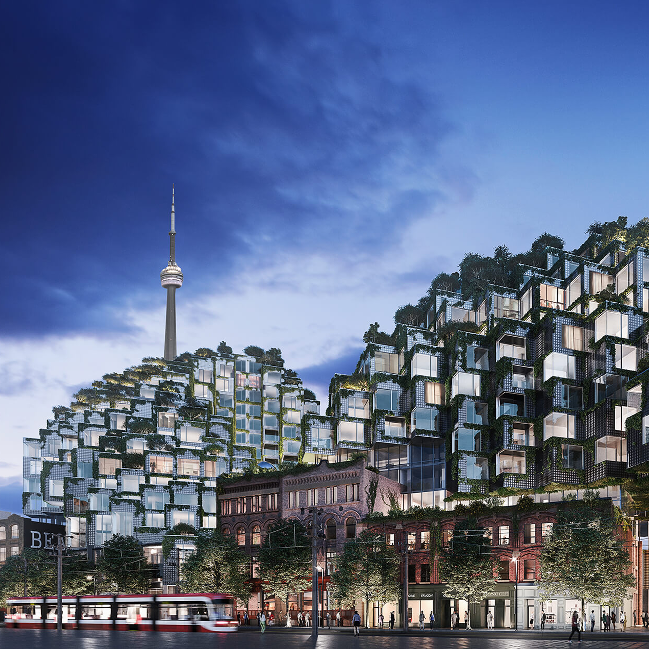 Une image générée du projet de condos King sur la rue King West, la tour du CN en arrière-plan.