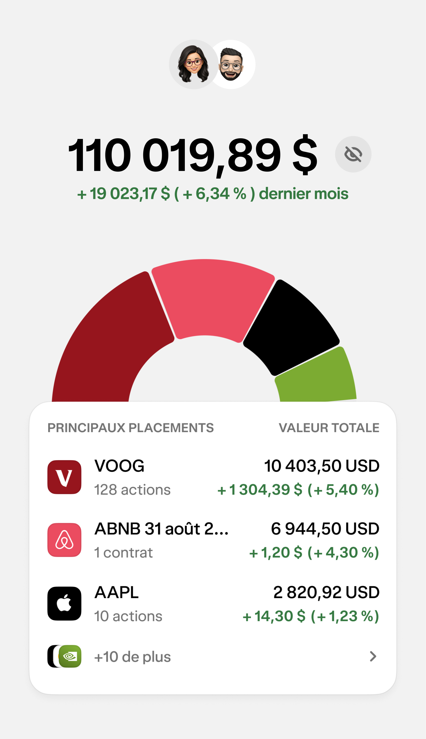 Un écran de l'appli affiche l'aperçu du foyer, dont le montant des actifs détenus dans les comptes de courtage et portefeuilles.