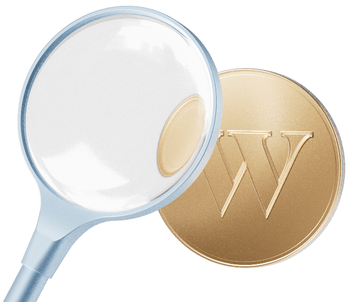 A 3D asset with a magnifying glass and Wealthsimple coin.