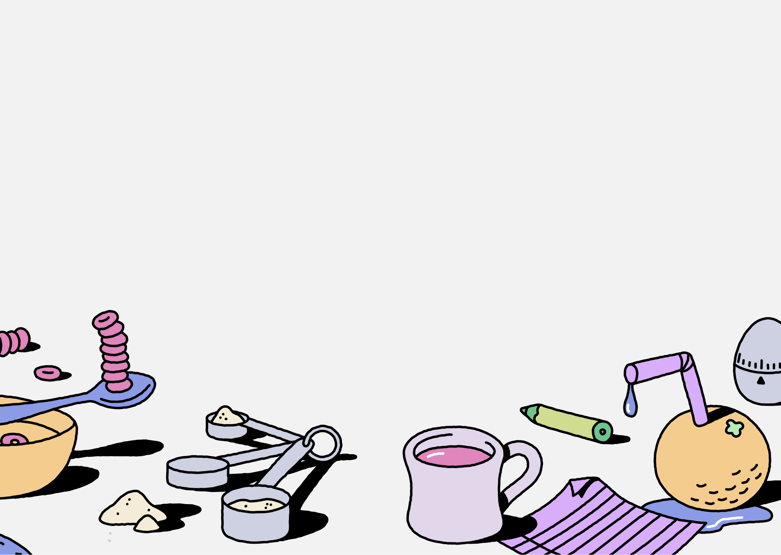 An illustration of cereal in a bowl, a stack of pancakes, toast, candy, and orange, and more.