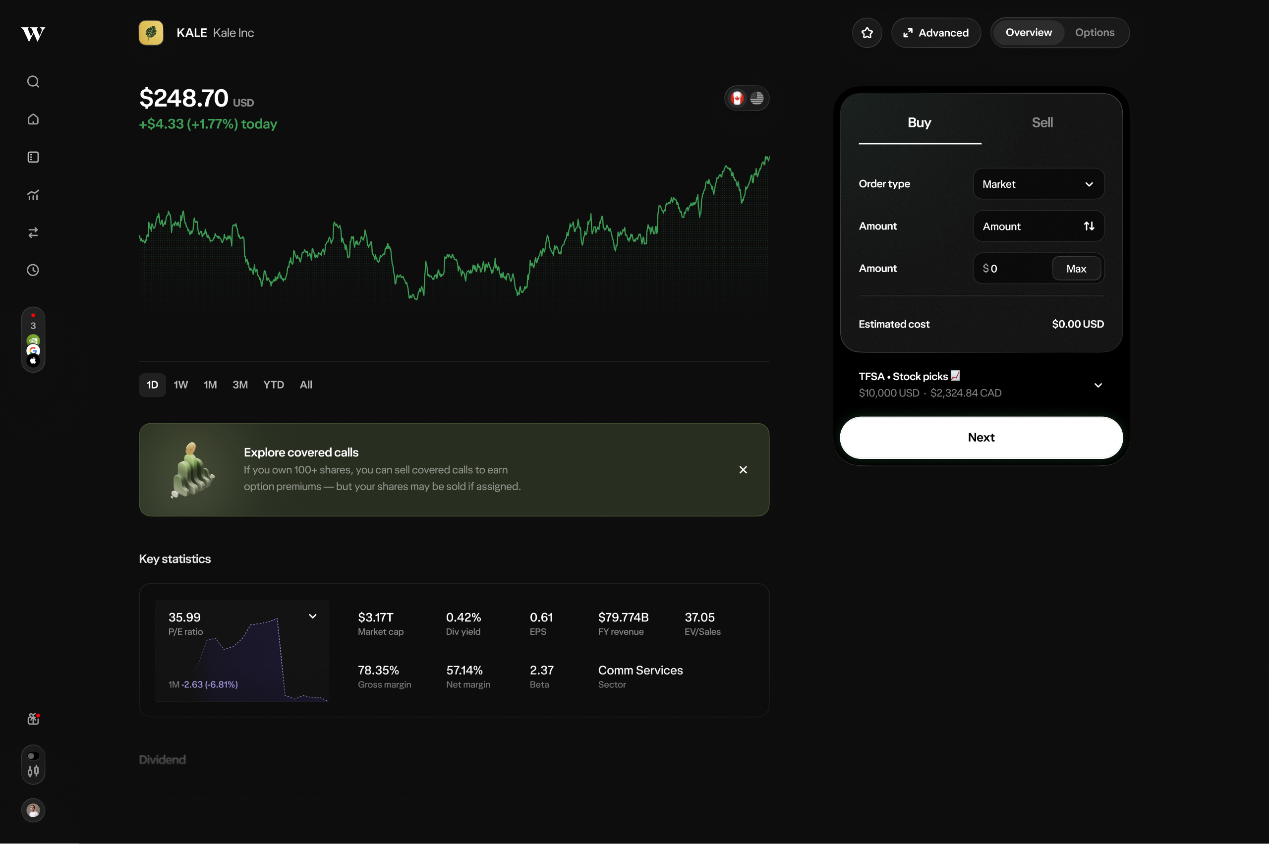 A web interface displaying the Wealthsimple options trading screen.