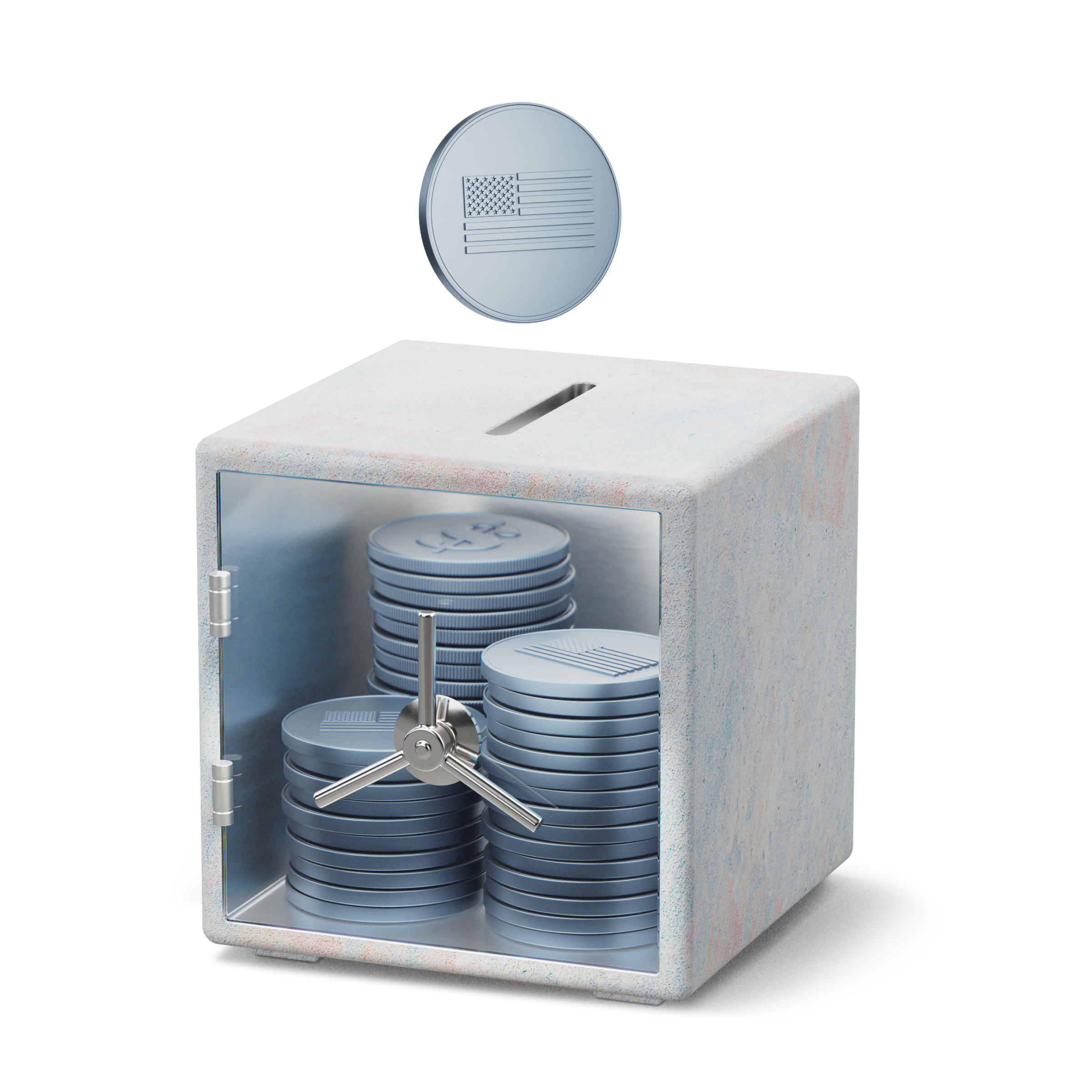 A U.S. coin dropping into a safe filled with stacked coins.