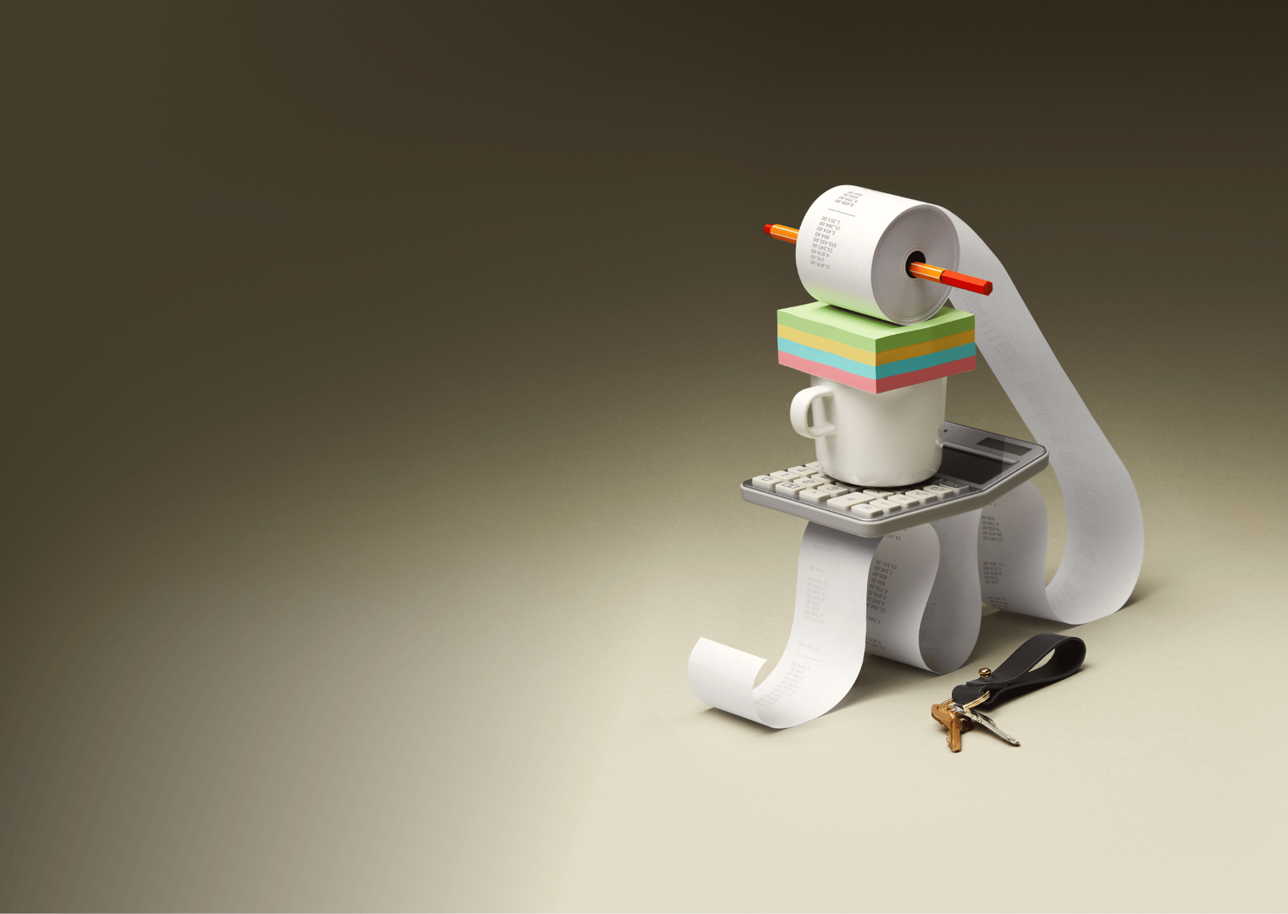 A stacked pile of office objects, including a roll of receipt paper, sticky notes, a mug, a calculator, and a set of keys.