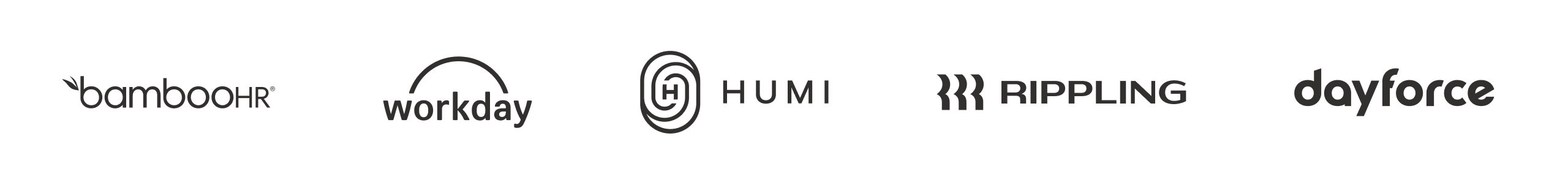 Collection of logos for integrations available with Wealthsimple for Business: Bamboo HR, Workday, HUMI, Rippling, Dayforce.
