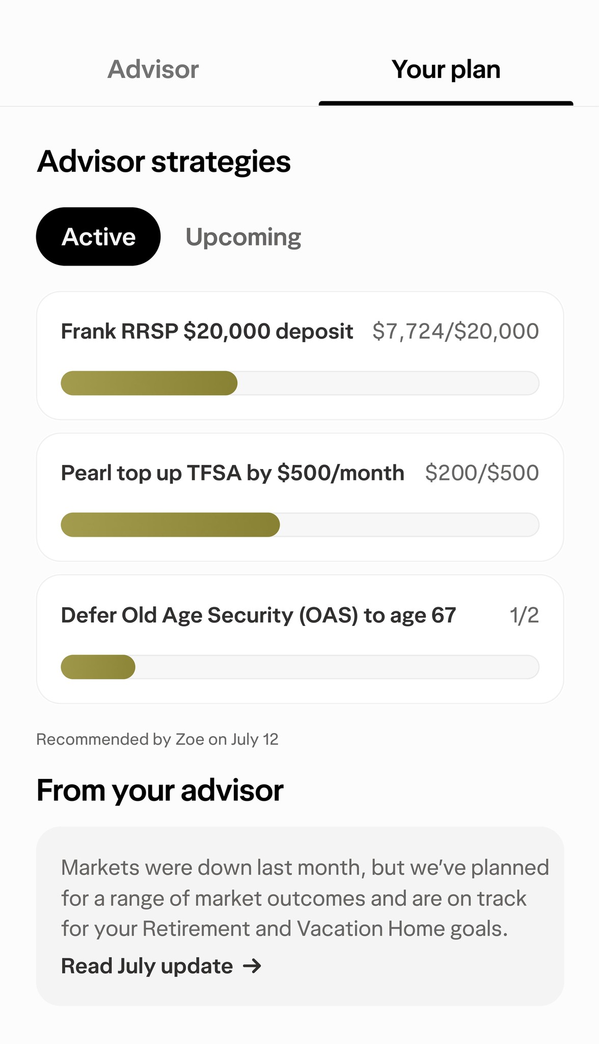 Financial plan screen showing active savings and investment strategies with progress bars and a note from an advisor.