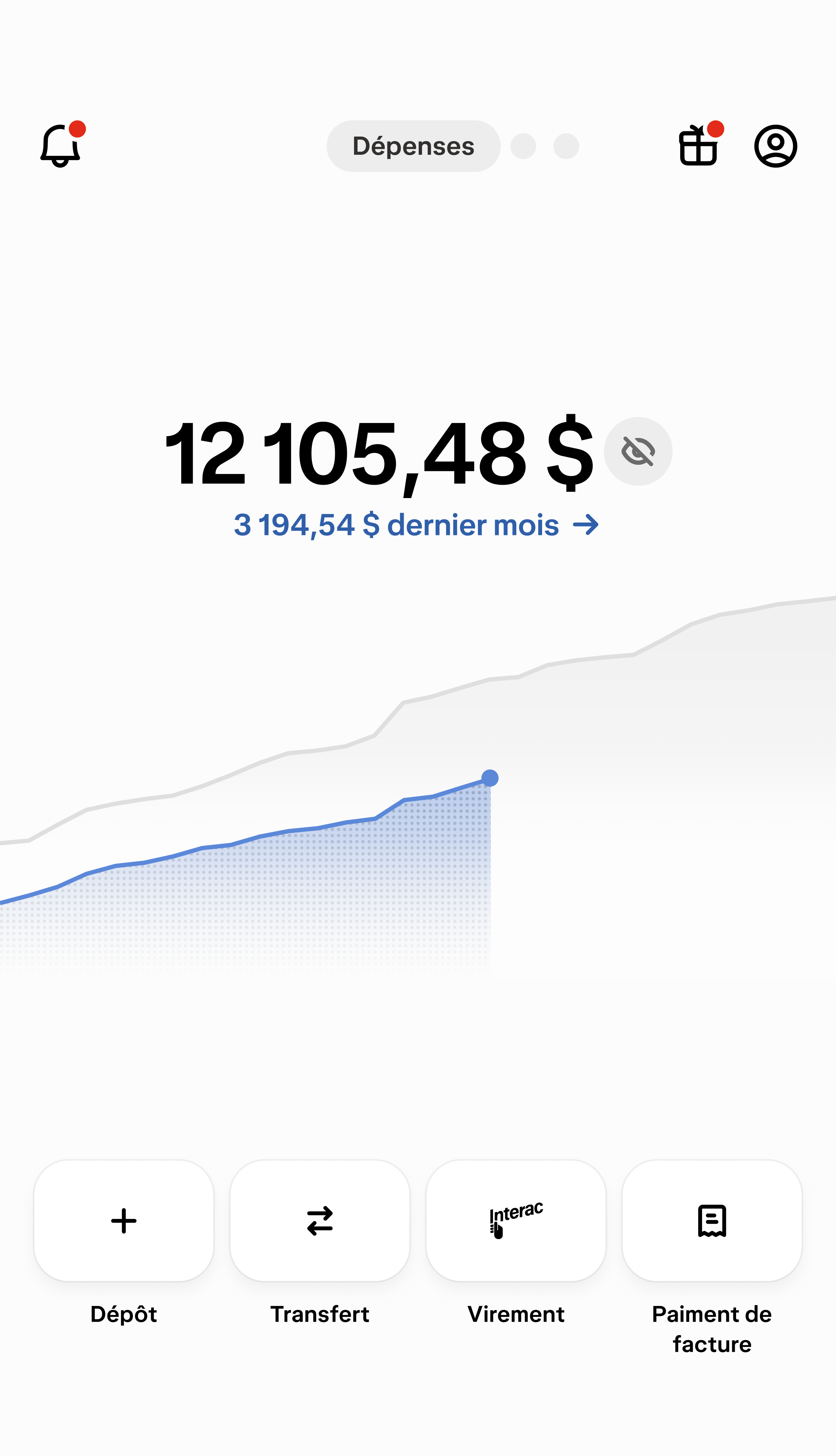 Un écran qui présente l'onglet Dépenses de l'appli Wealthsimple. On y voit un tableau qui détaille les dépenses mensuelles, une carte Wealthsimple et des boutons pour ajouter et transférer des fonds, lancer des transferts, faire des virements électroniques et payer des factures.