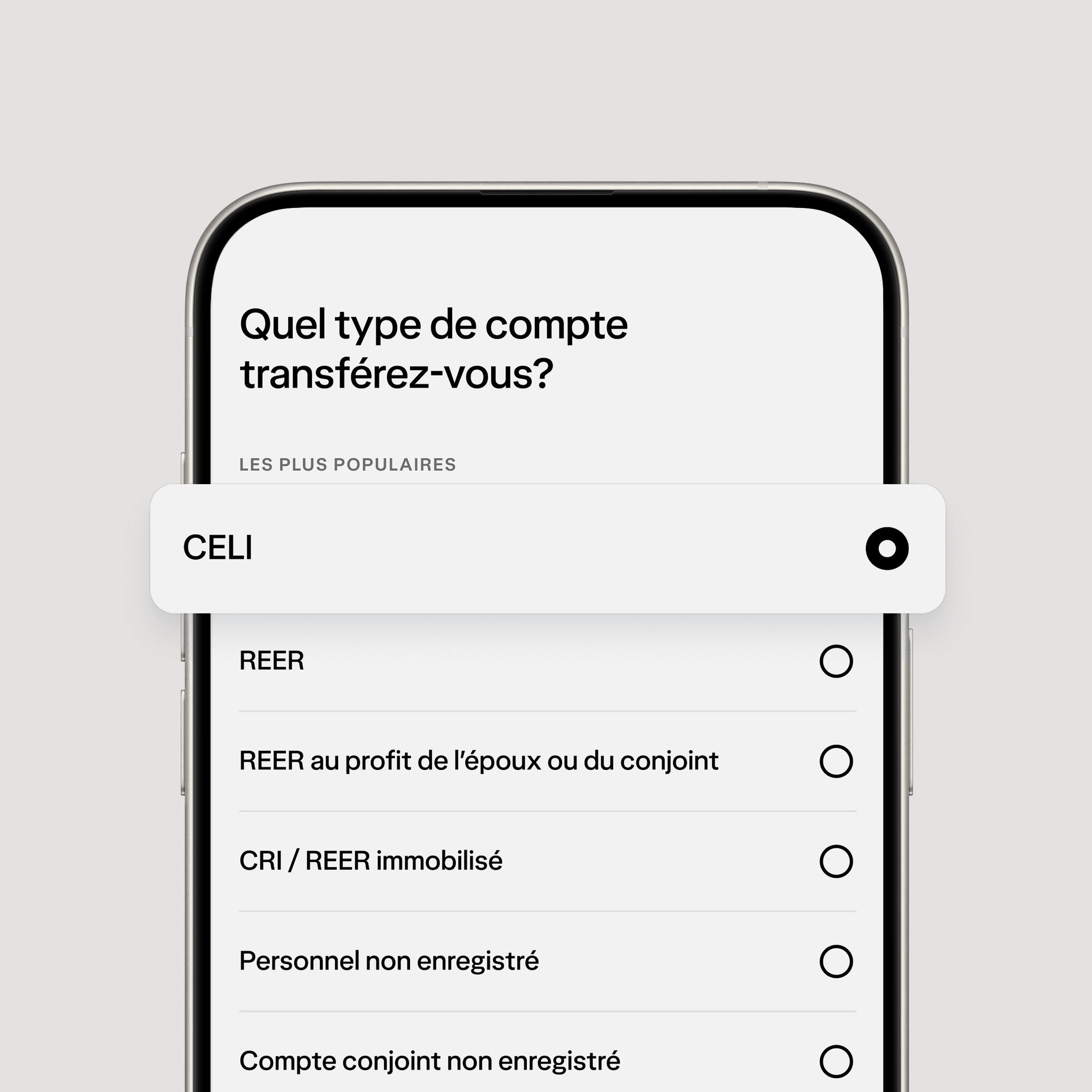 Interface affichant un parcours de transfert fluide depuis une autre institution financière.