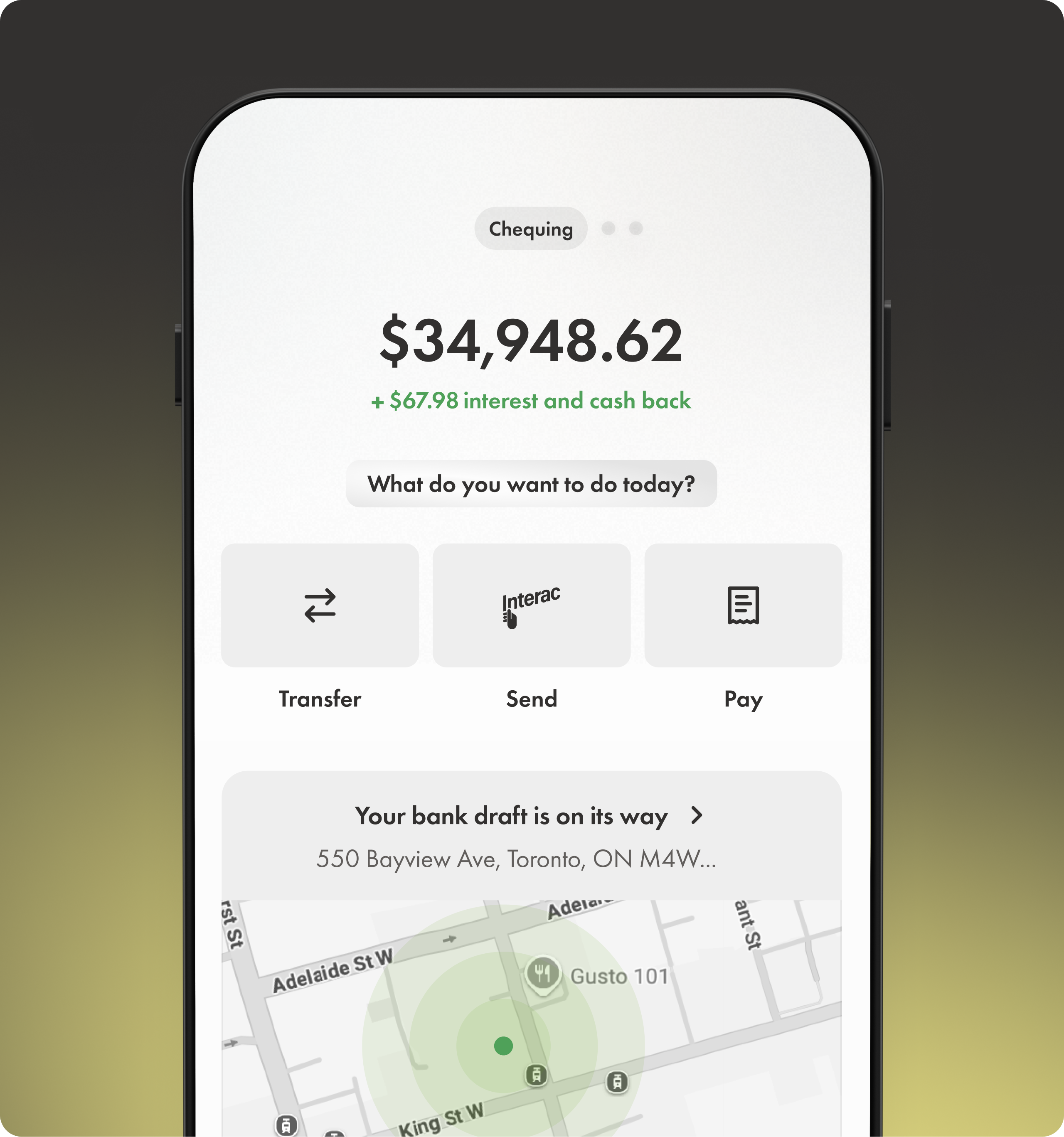 A snapshot of the chequing features in the Wealthsimple app. 