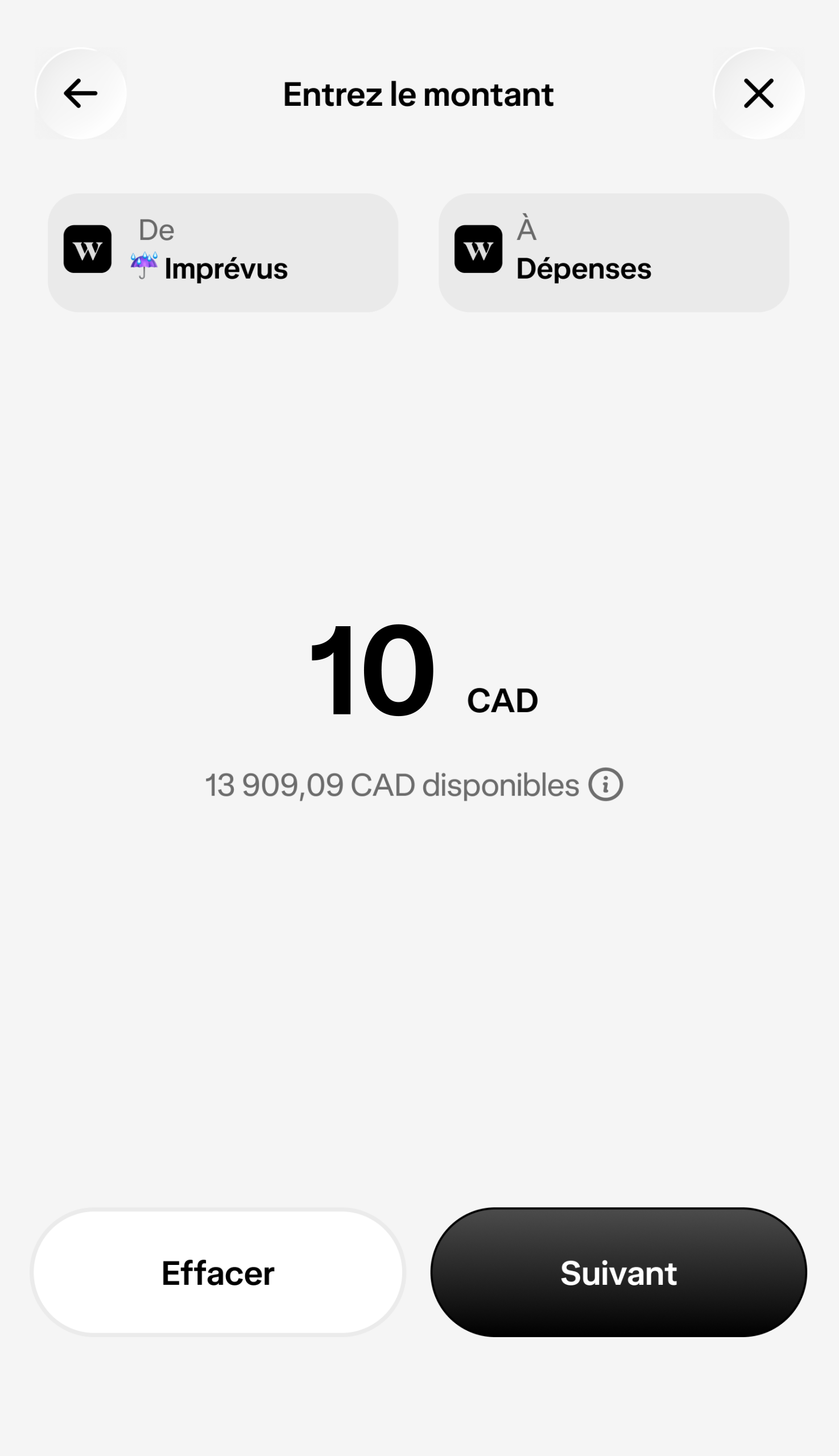 Aperçu d'un transfert de 10 $ d'un compte d'épargne vers un compte de dépenses.