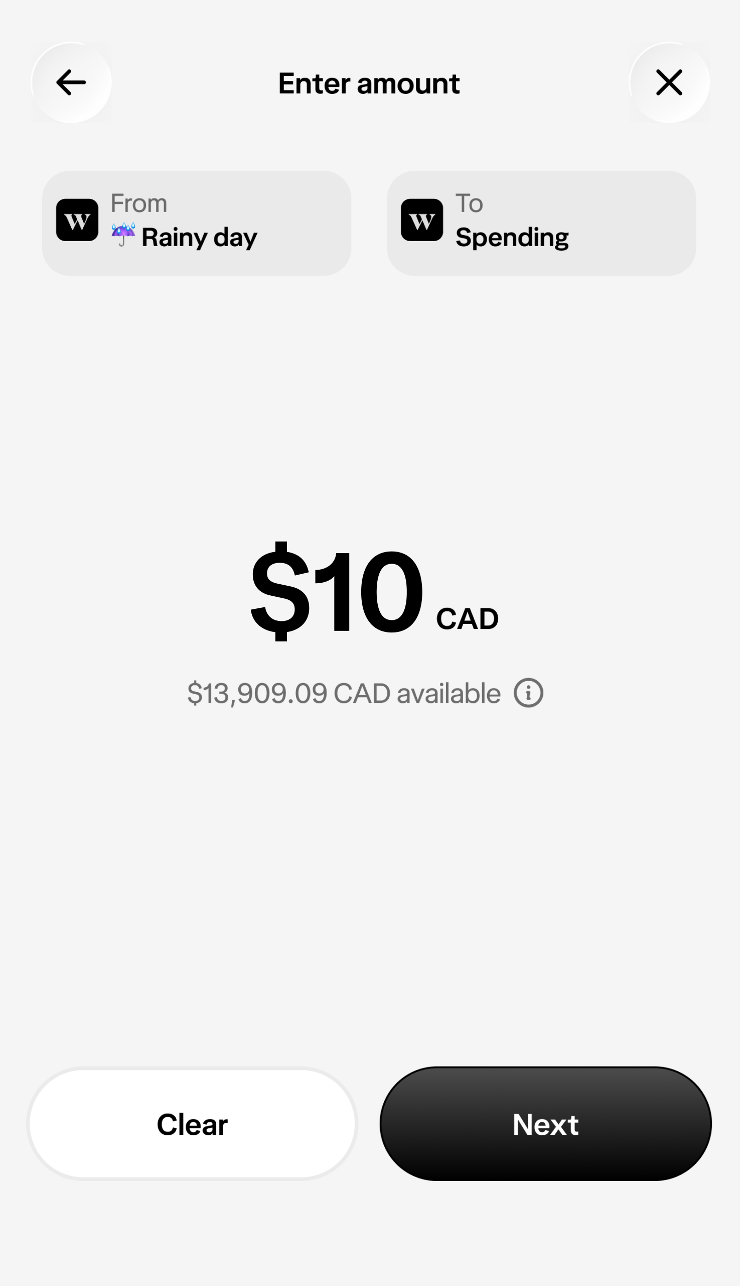 A view of a $10 transfer being moved from a savings account to a spending account
