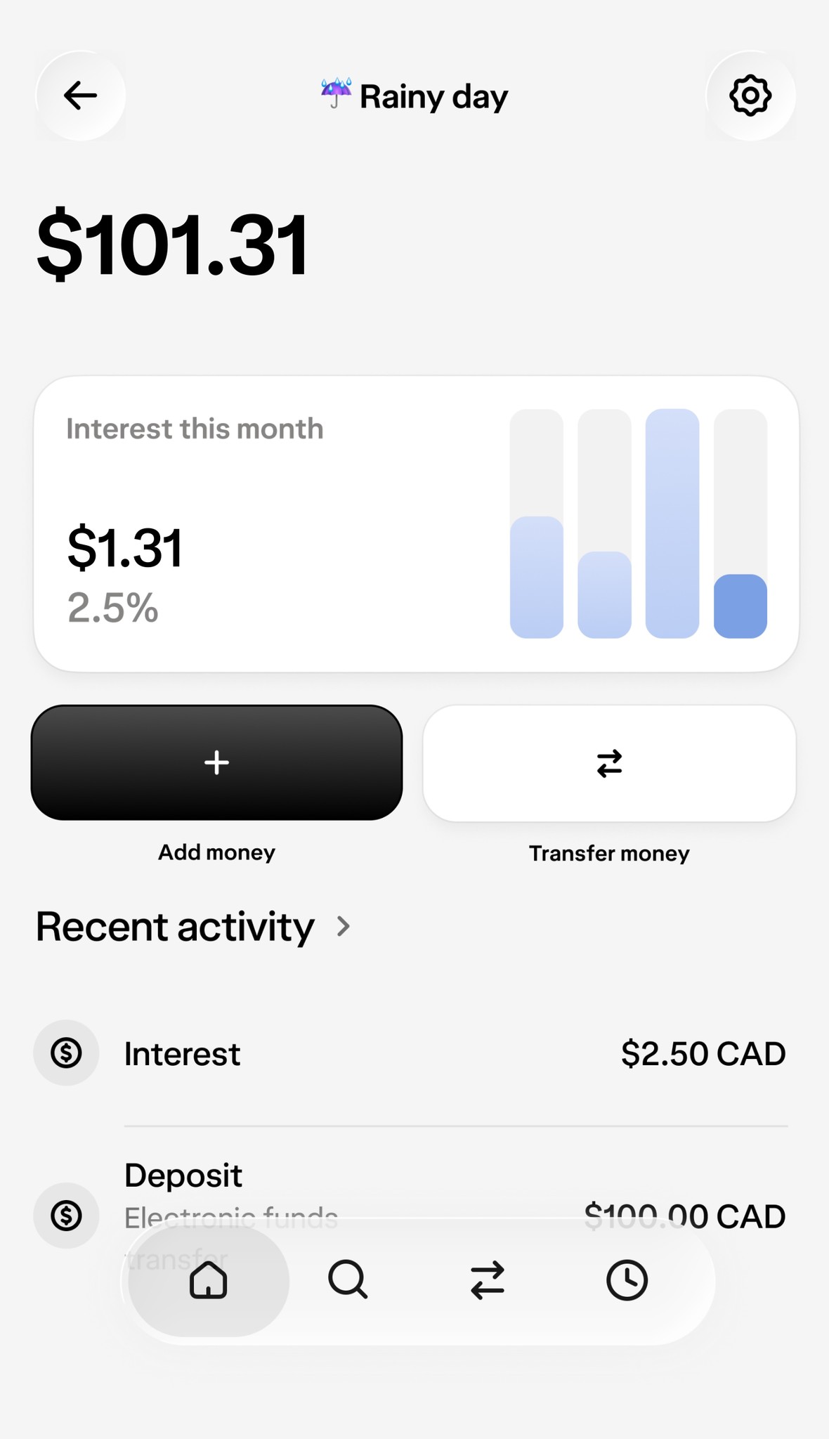 A view of a savings account balance and of the monthly interest earned on it, at a rate of 1.3%.