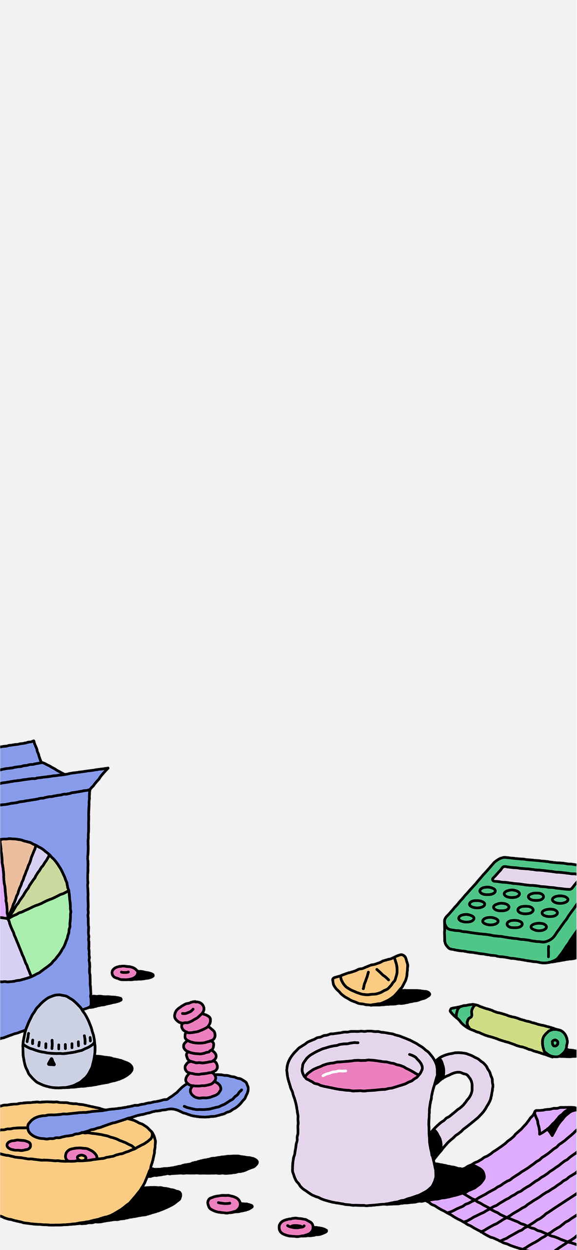 An illustration of cereal in a bowl, a stack of pancakes, toast, candy, and orange, and more.