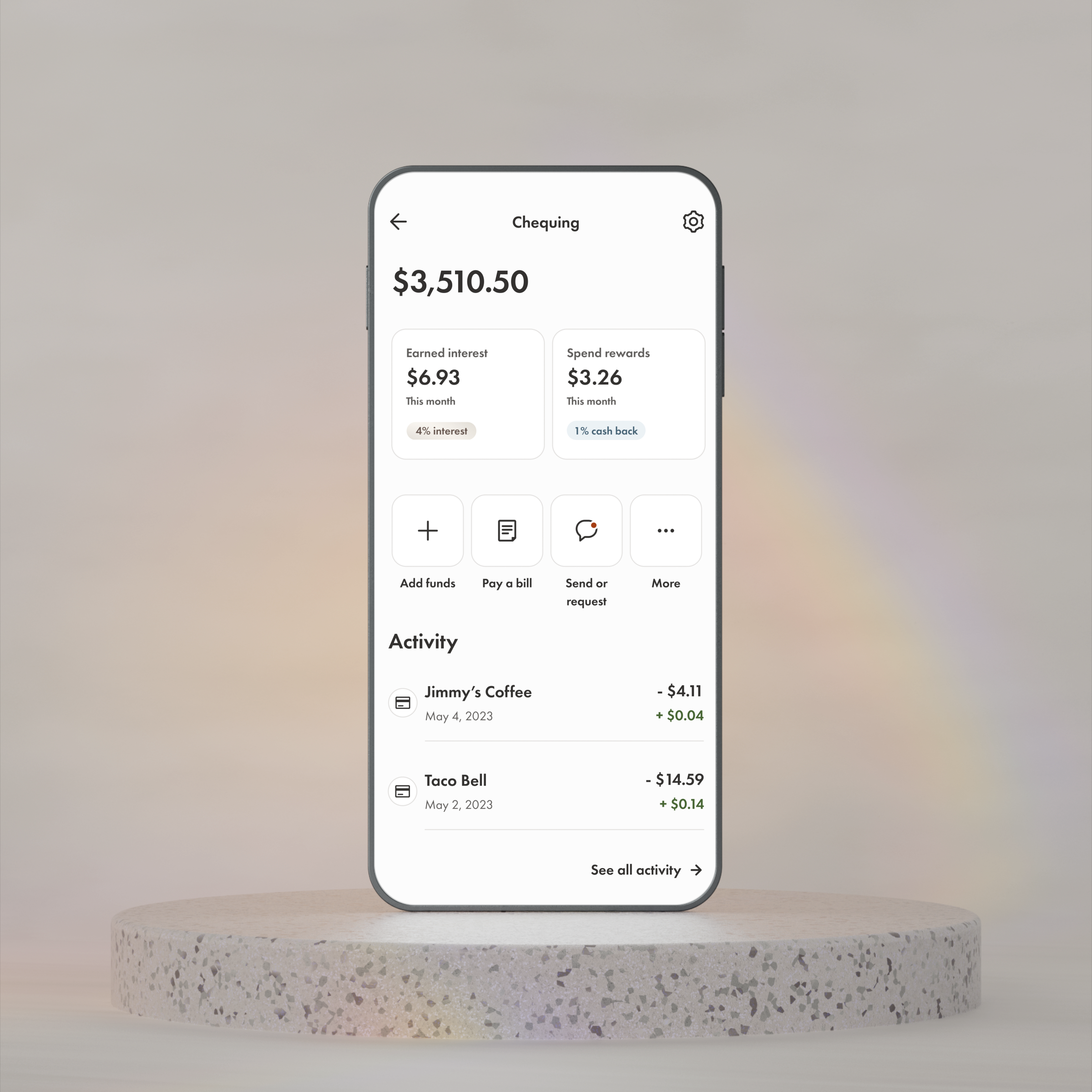Close up of a phone with the Wealthsimple app open, showing account balance, spending activity, and rewards. 
