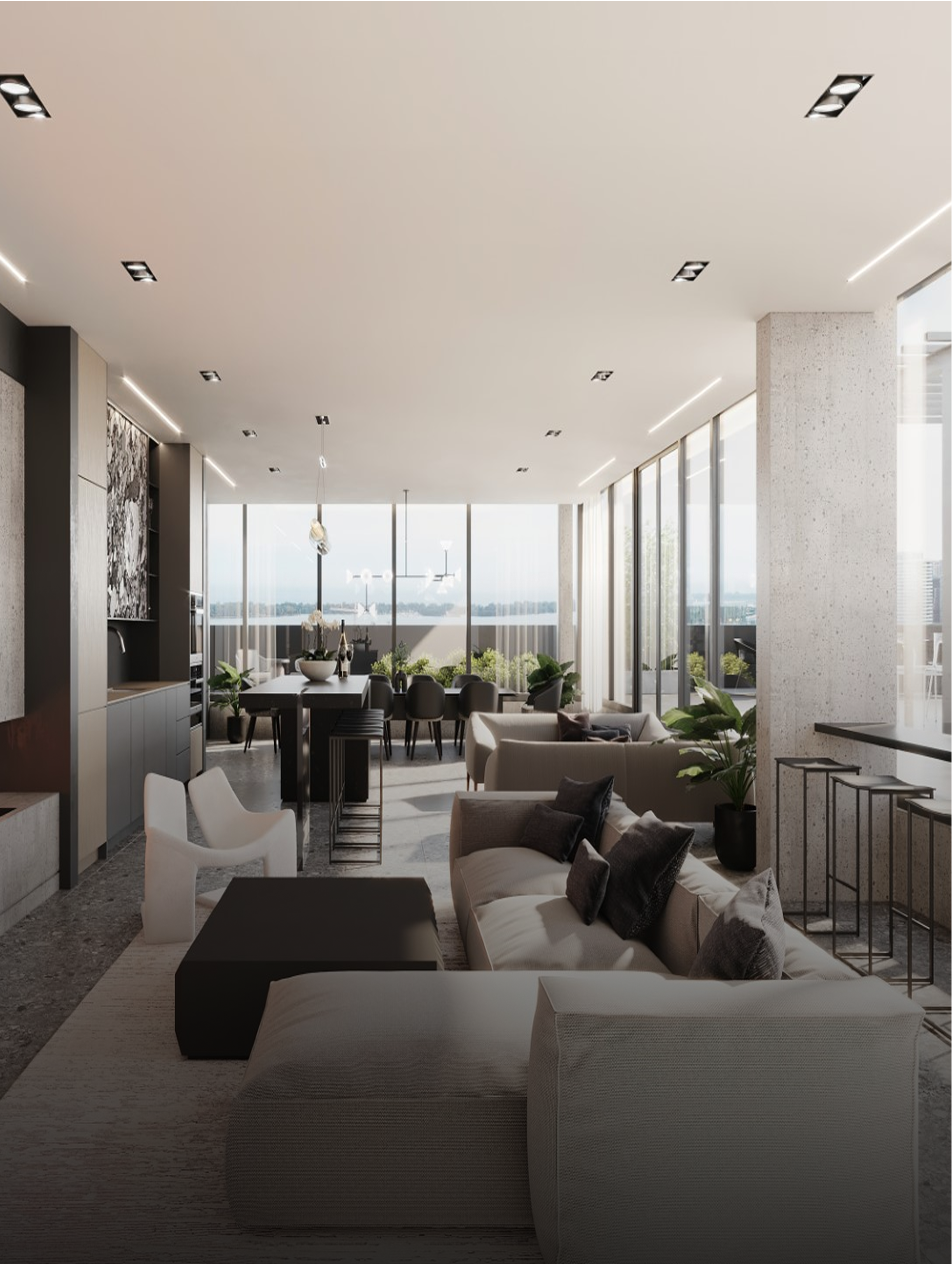 Une image générée d'un espace commun à The Georgian avec une cuisine, un sofa sectionnel et d'autres espaces où s'asseoir.