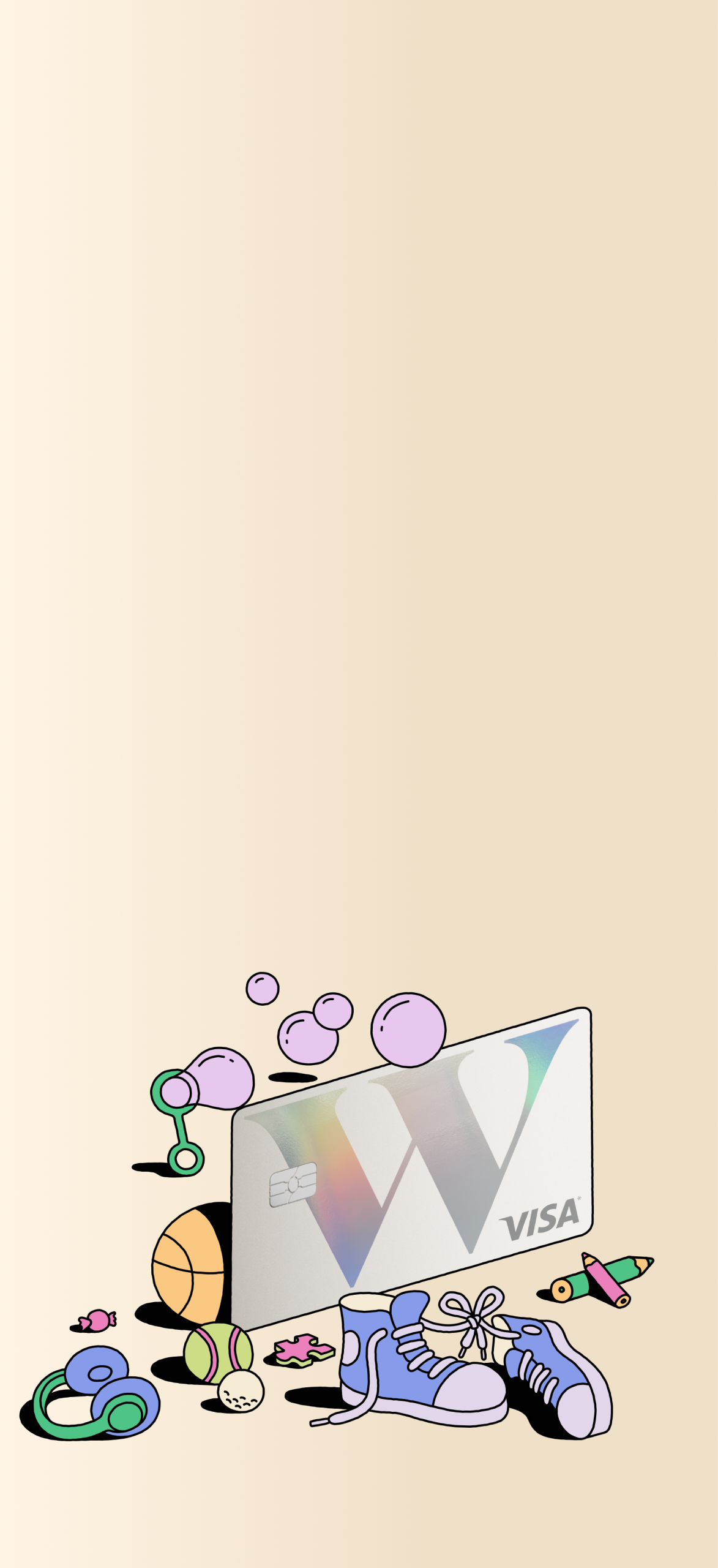A Wealthsimple kids and teens card with illustrations of shoes, pencil crayons, balls, and bubbles.