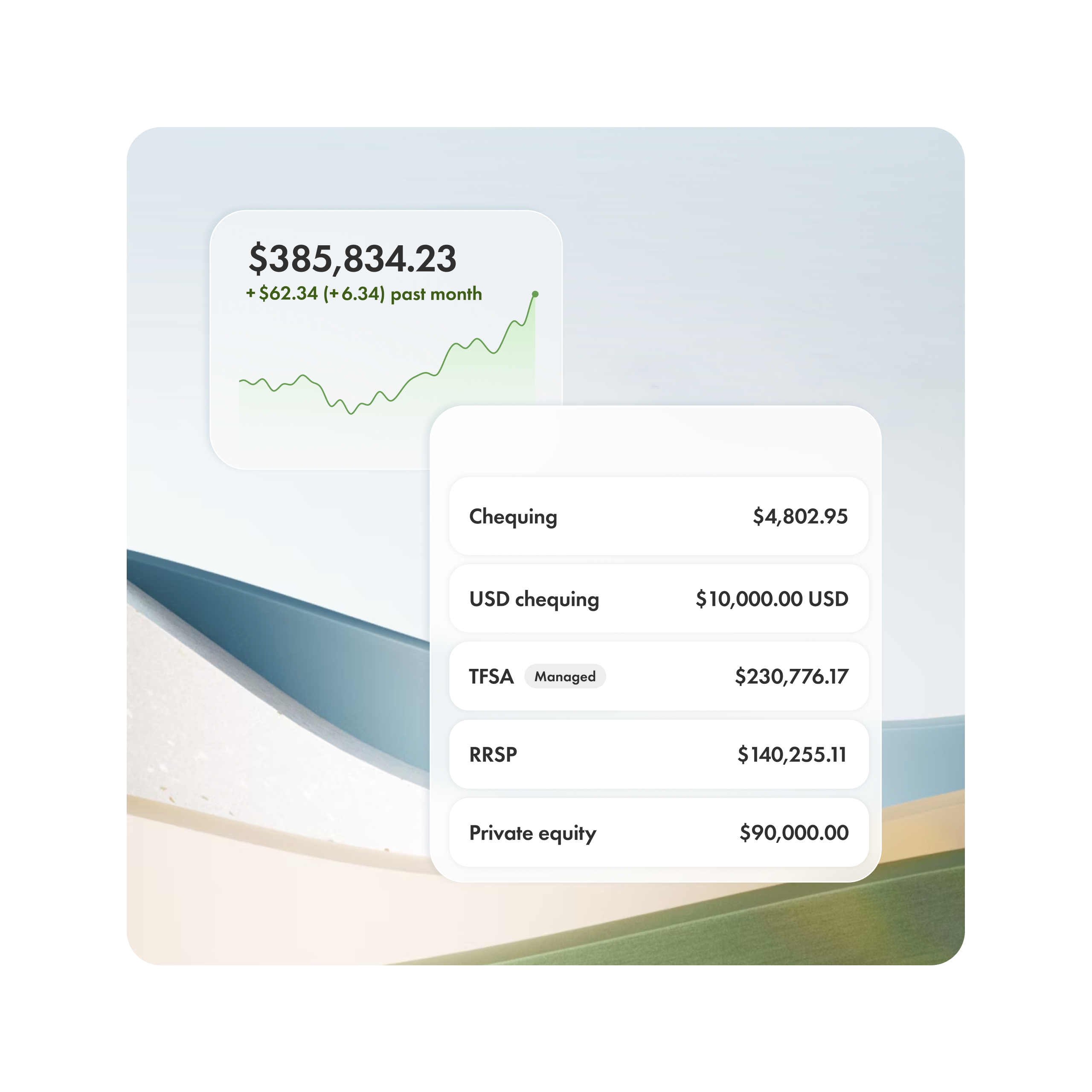 A snapshot of the accounts overview in the Wealthsimple app on an abstract background.