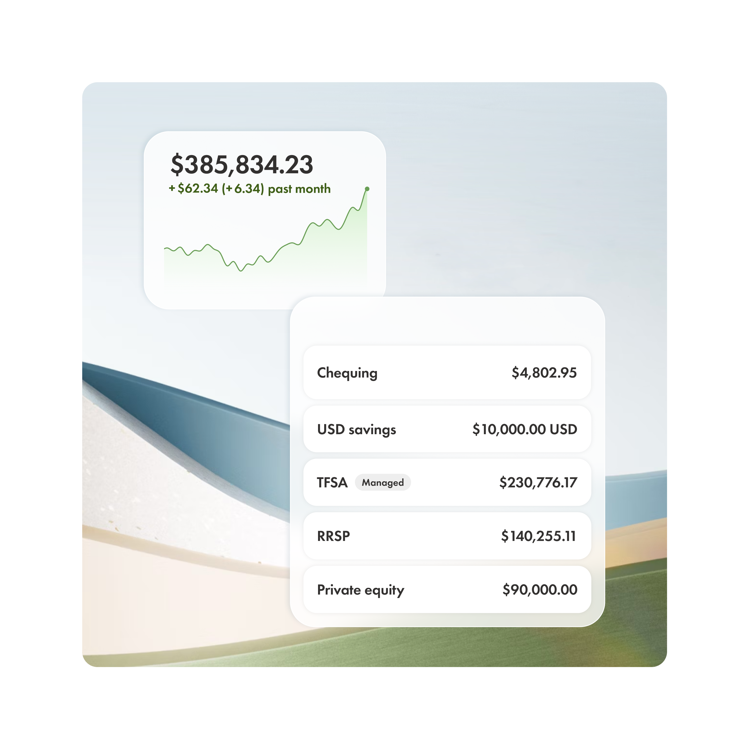 A snapshot of the accounts overview in the Wealthismple app on an abstract background.