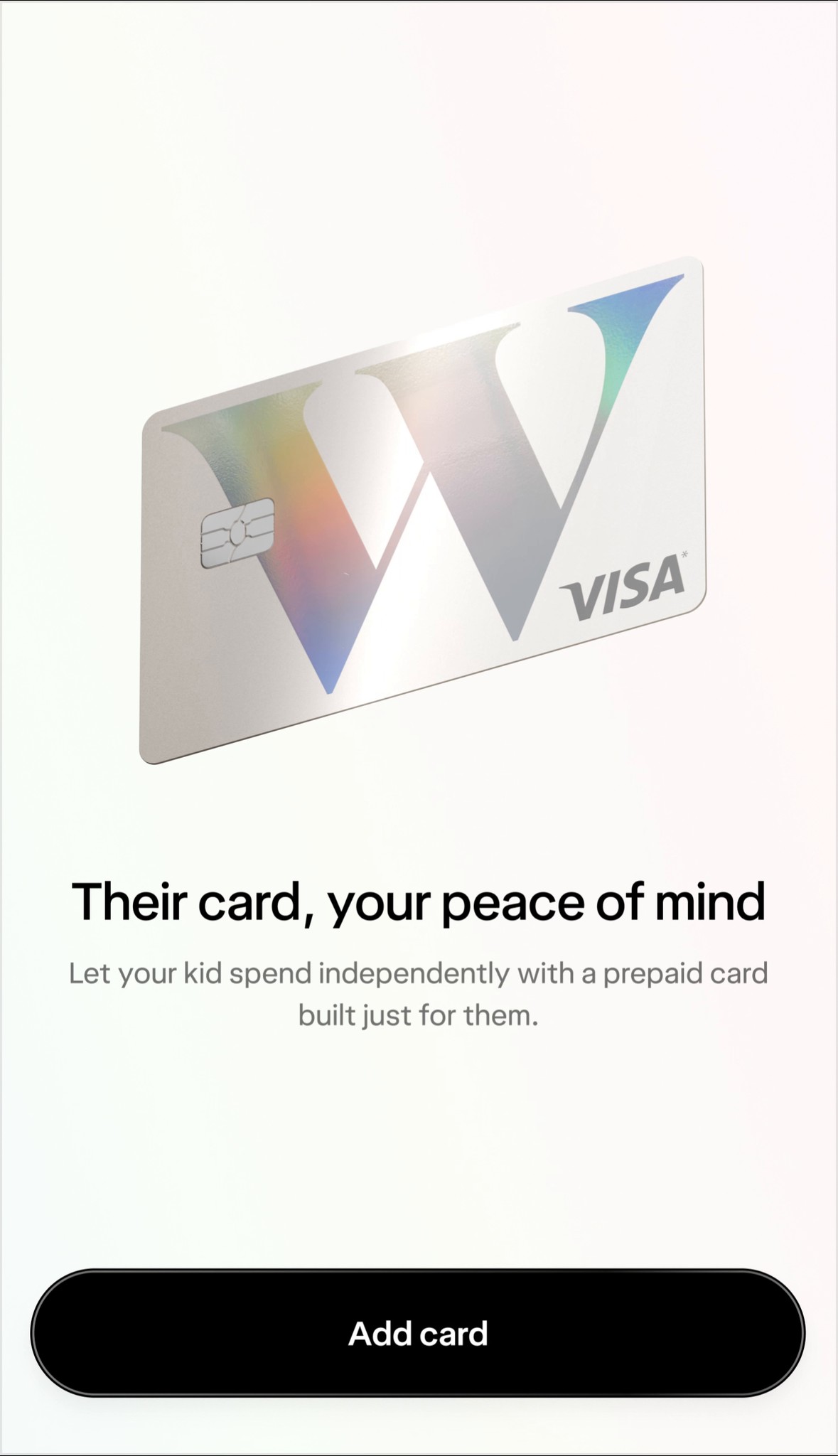 A screen showing a kids and teens card, with a prompt to add one to an existing chequing account.