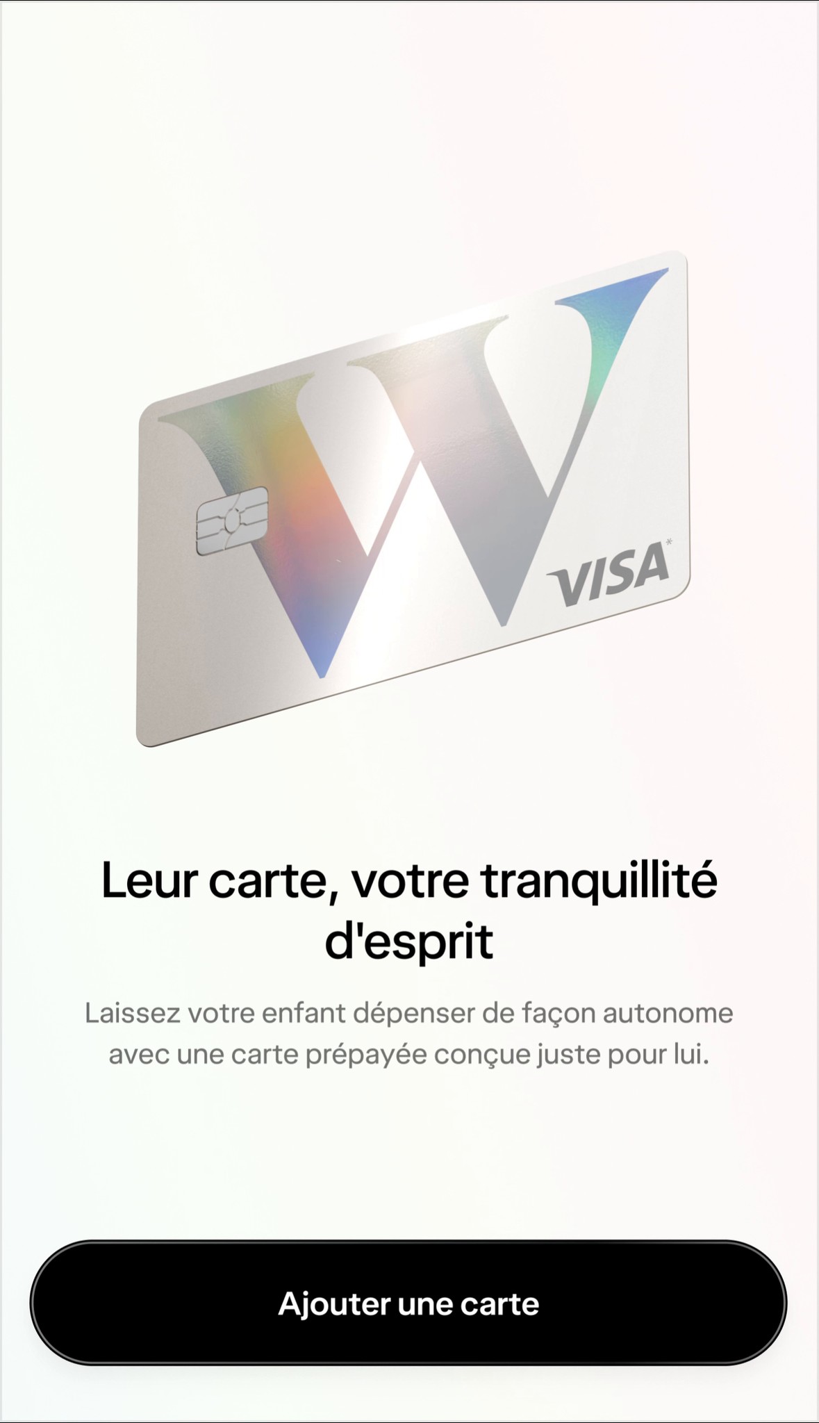 Un écran affichant la carte pour enfants et ados et du texte encourageant à en ajouter une à un compte chèques.