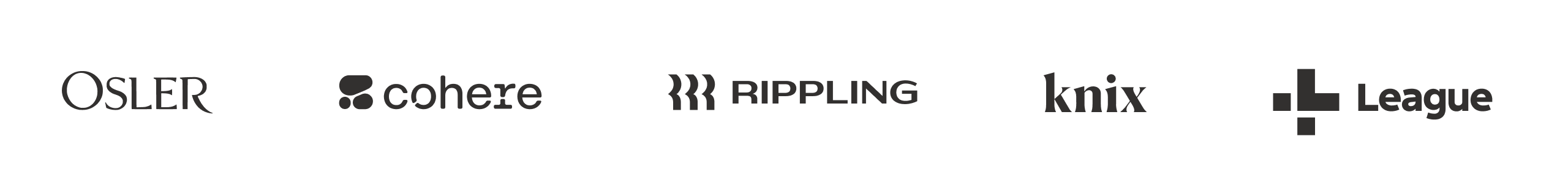Collection of logos of clients working with Wealthsimple for Business: Osler, Cohere, Rippling, Knix, League.