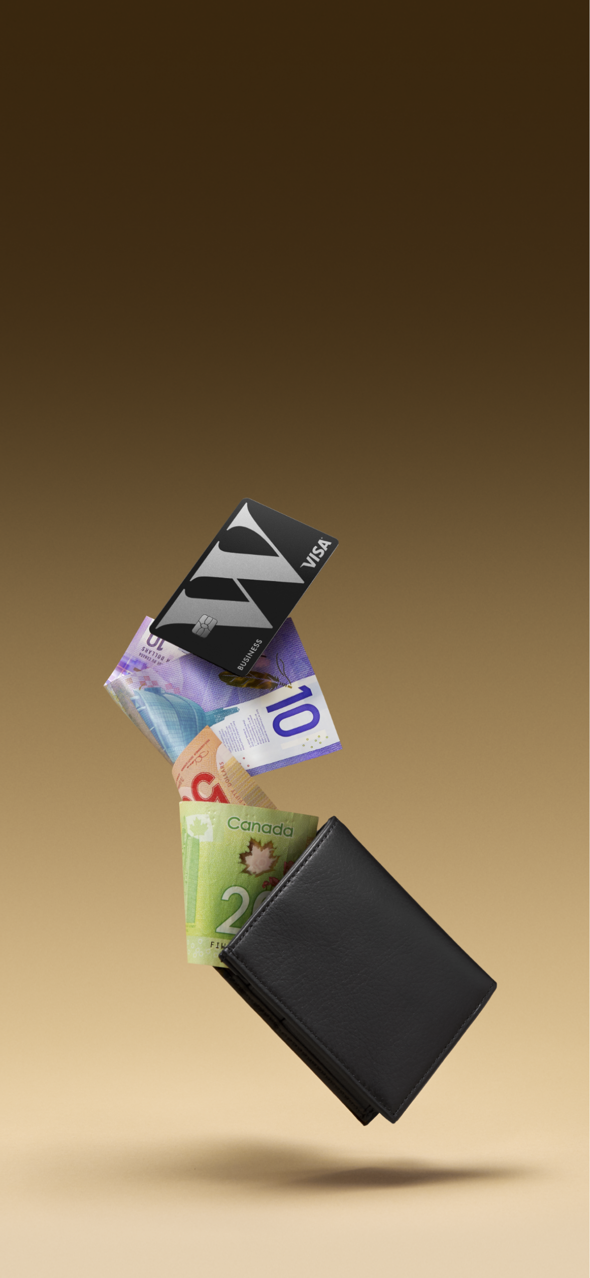 Une carte Wealthsimple Entreprises Visa et des billets d'argent qui s'envolent d'un porteuille.