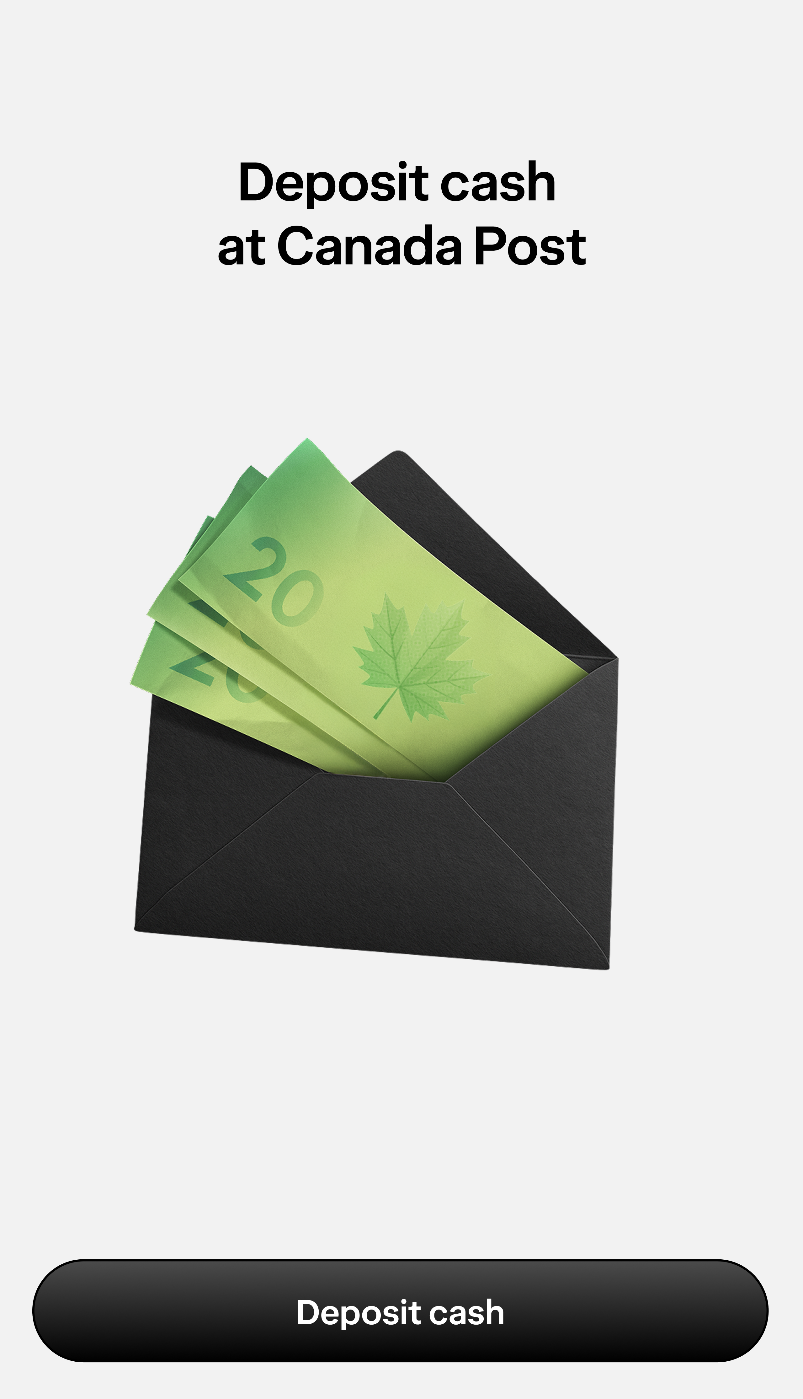 A screen displaying a wallet with money, with the title "Deposit cash at Canada Post."