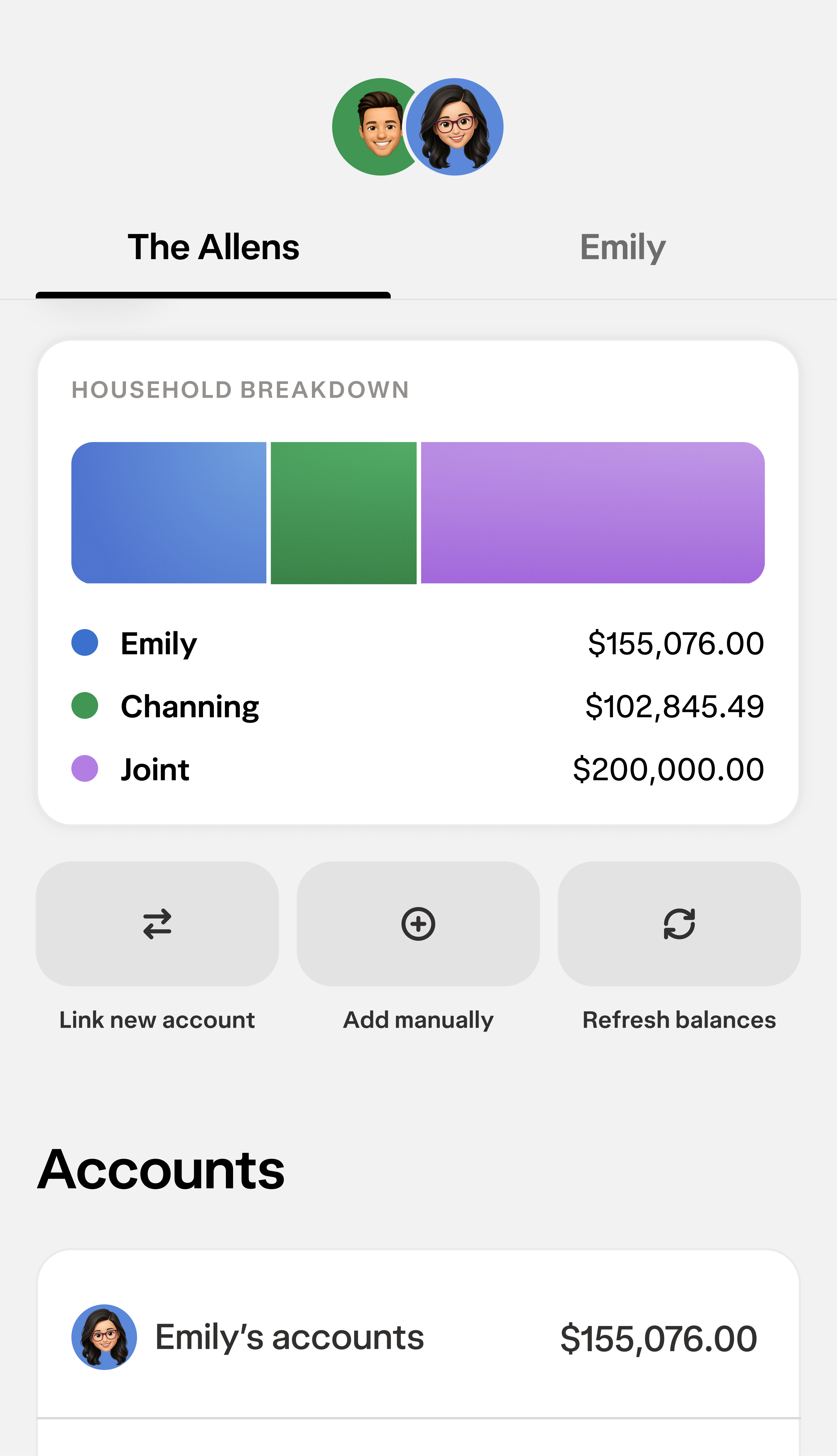 A view of households in Wealthsimple's app, displaying tabs and accounts for The Allens and Emily.