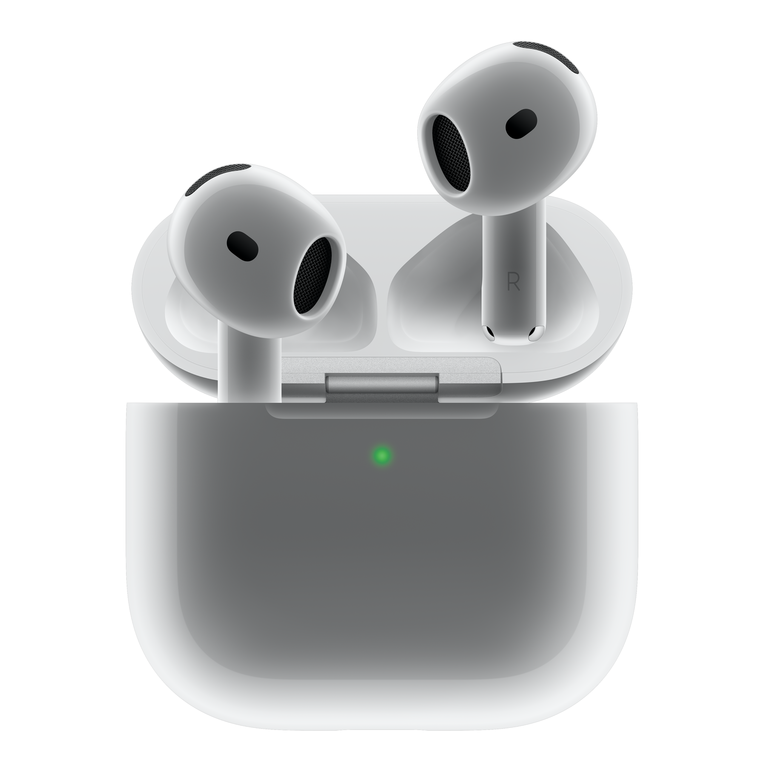 A pair of AirPods 4 with Active Noise Cancellation. They are earbuds coming out of their case.