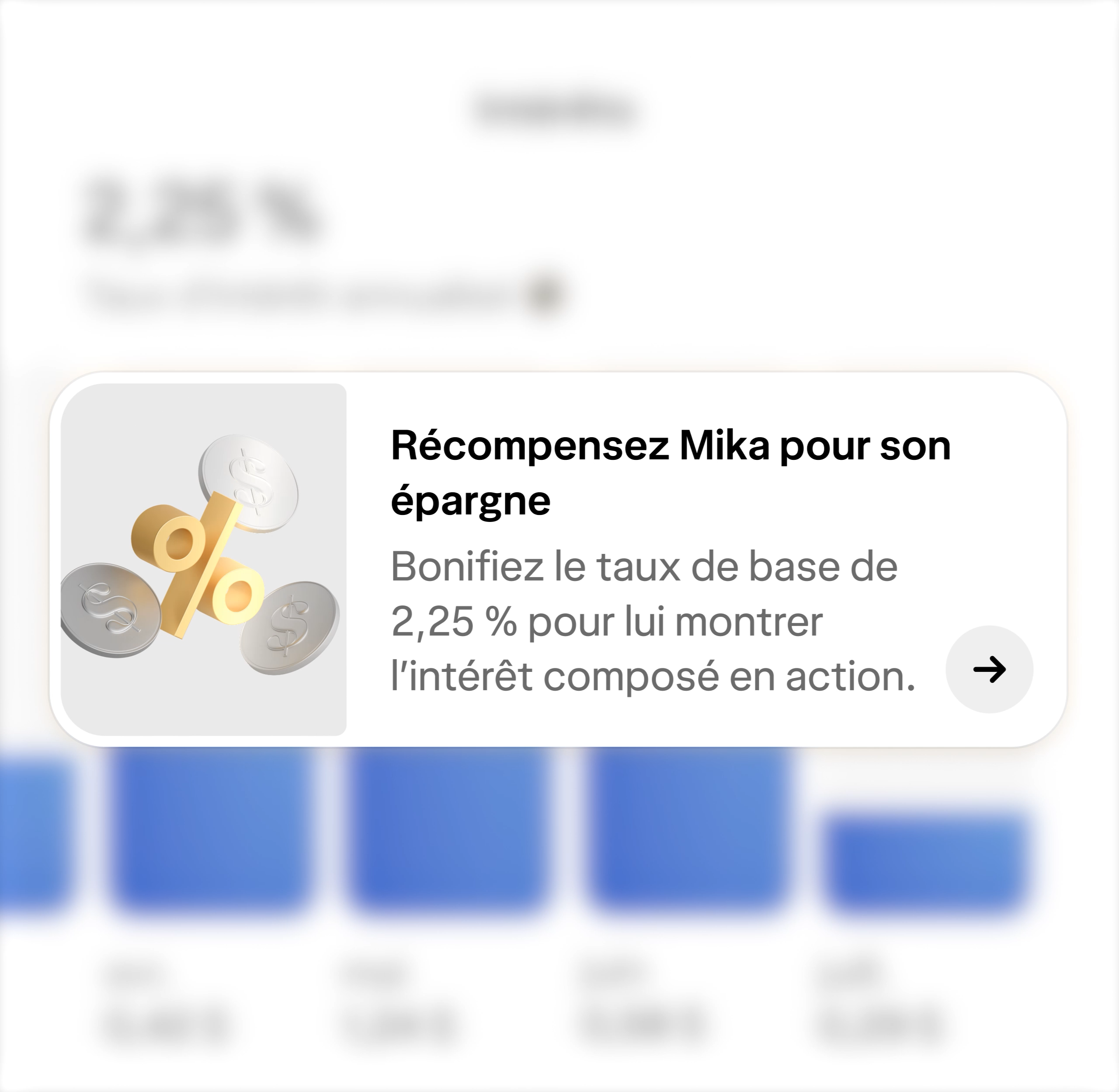 Un écran montrant un graphique à barres affichant l'intérêt gagné chaque mois dans un compte pour enfants et ados.