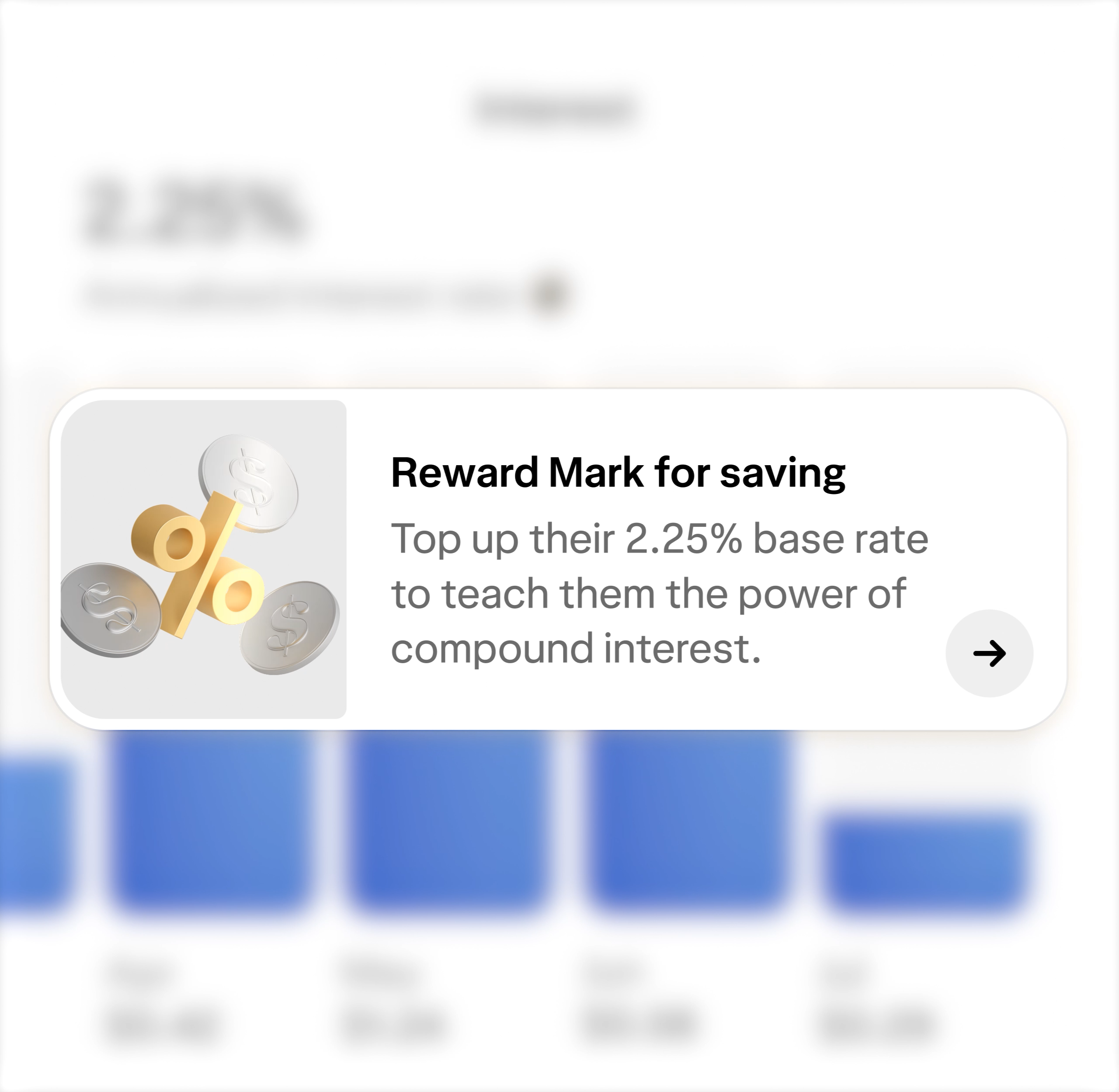 A screen with bar graphs, displaying how much interest in earned each month in a kids and teens account.
