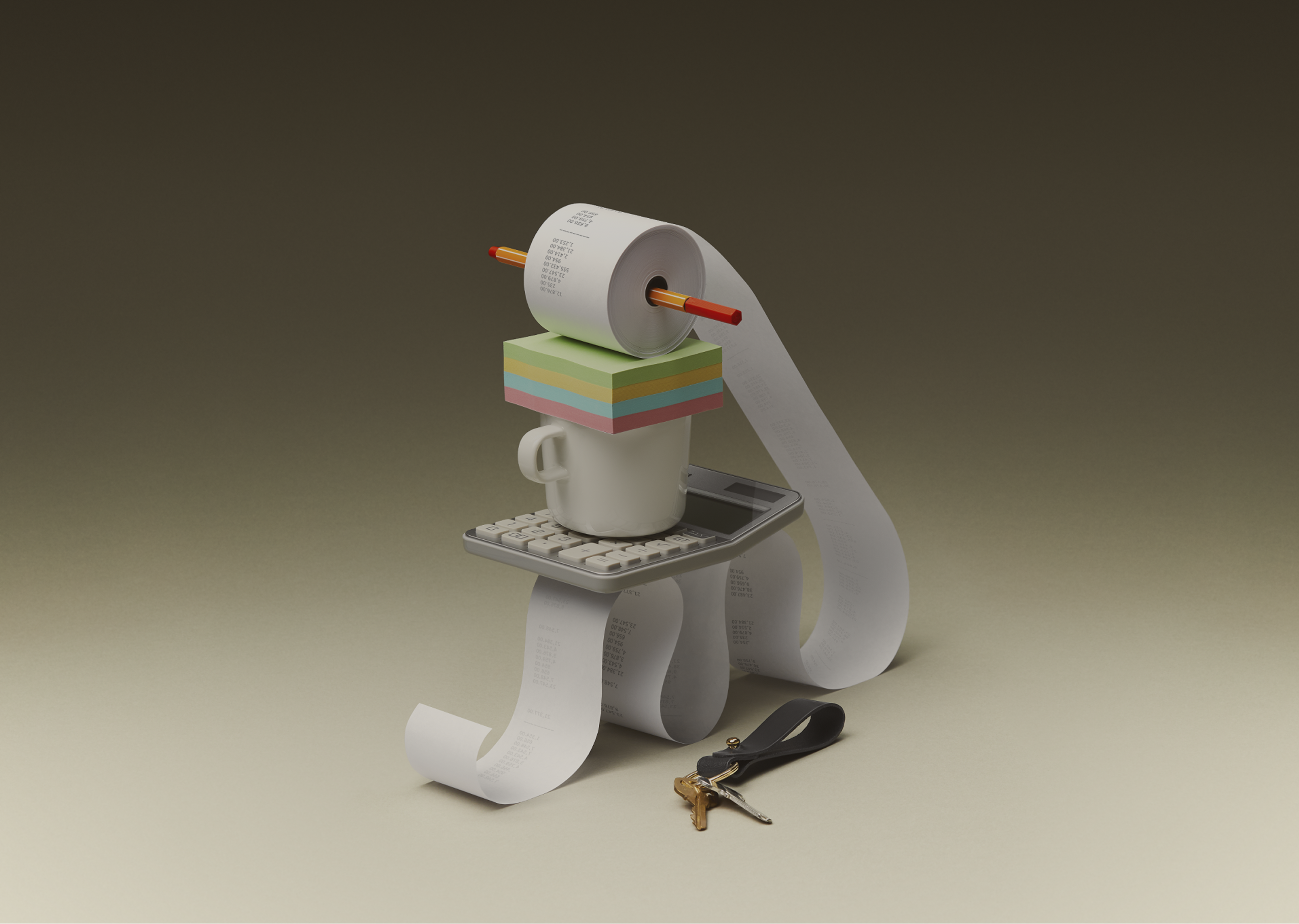 Un amas stylisé d'objets de bureau, dont un crayon dans le trou d'un rouleau de papier, une tasse, une calculatrice et un porte-clé.