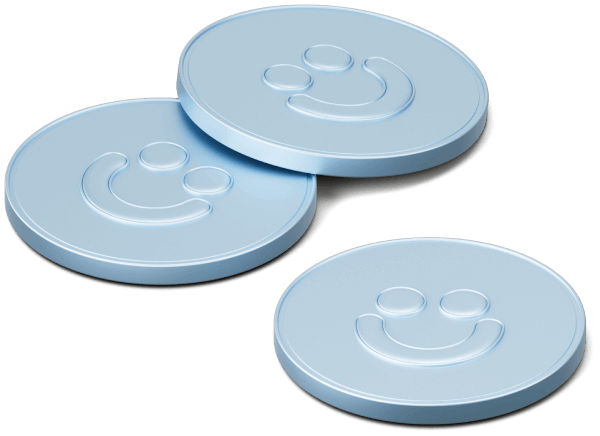 A pile of blue coins with smiley faces on them